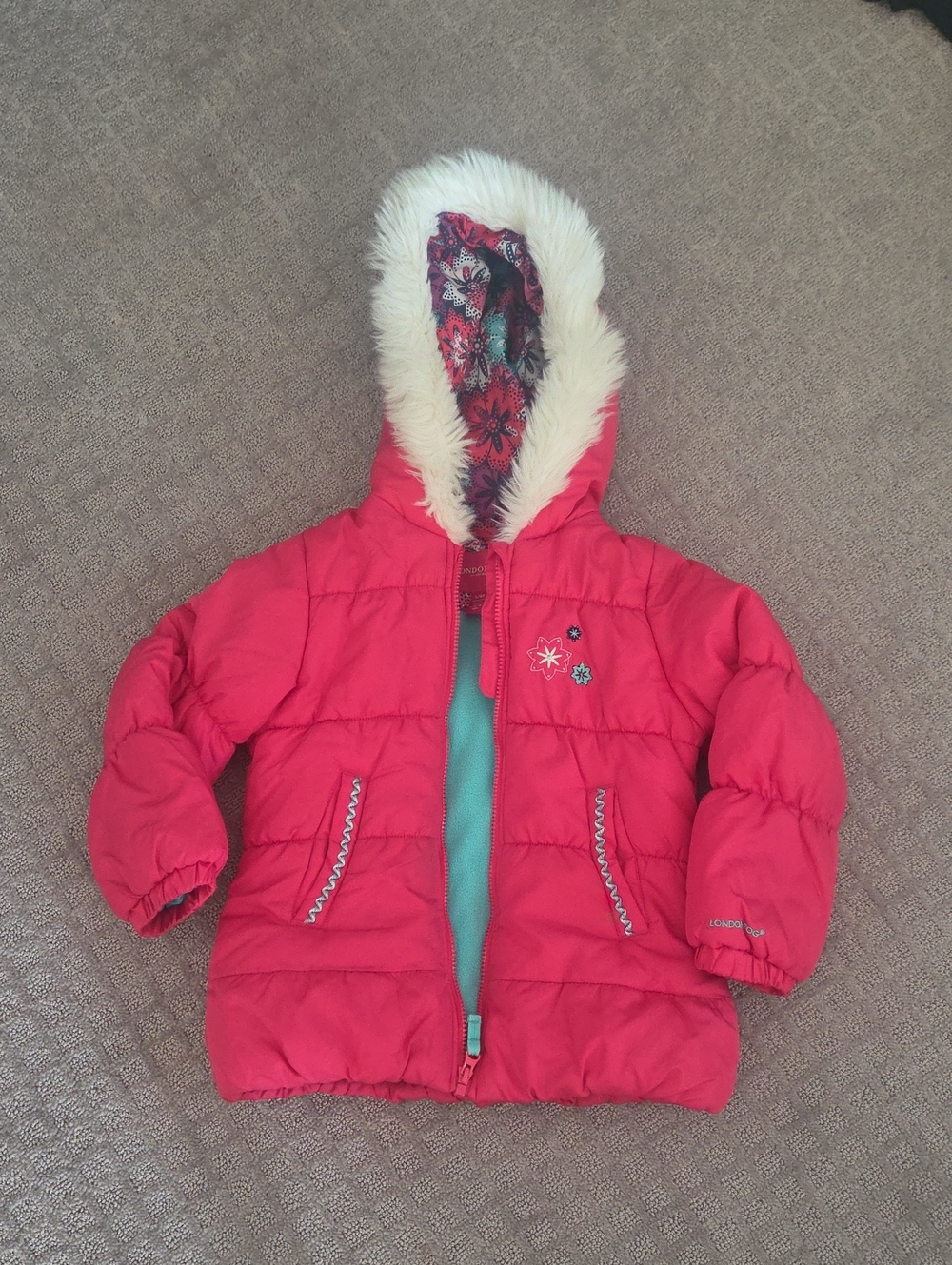London Fog Girls' Pink Hooded Faux-Fur Trim Puffer Coat